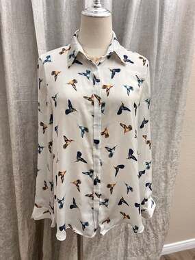 Mango MNG Collection Hummingbird Print Satin Button Down Blouse